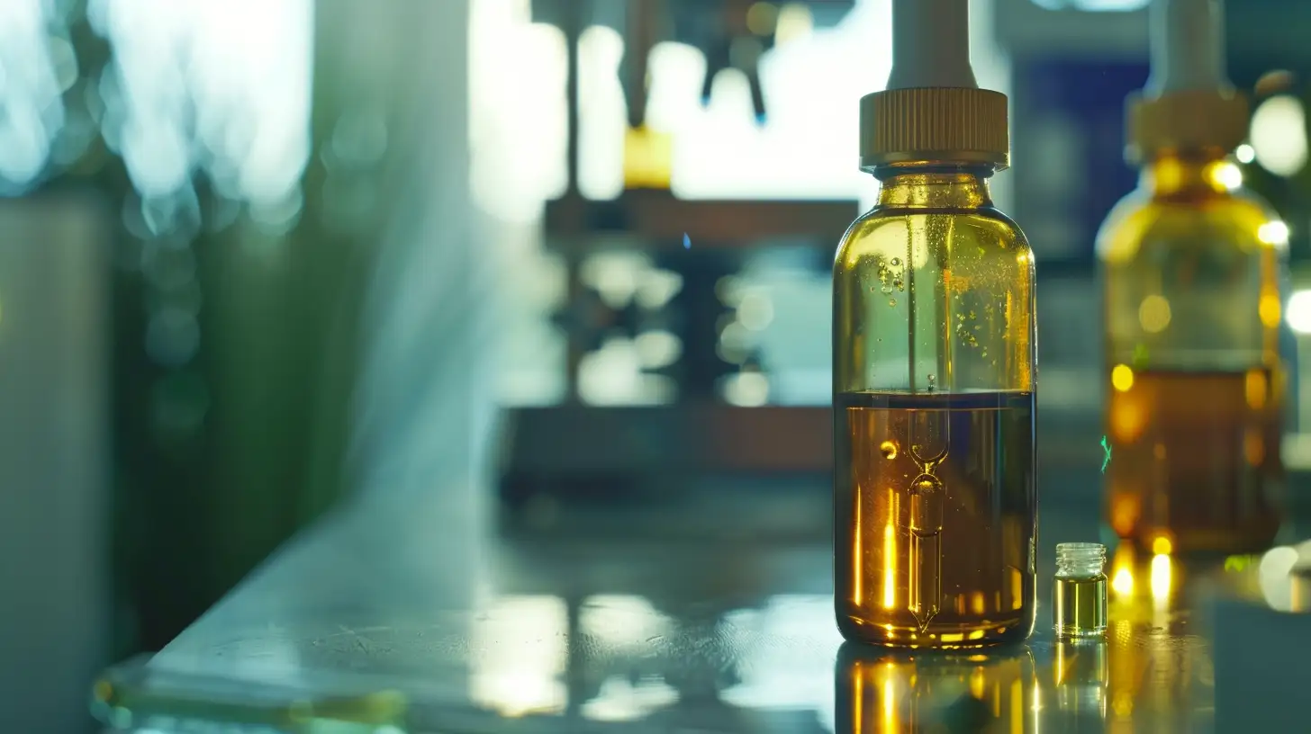 Γυάλινο φιαλίδιο με βάμμα CBD σε εργαστηριακό περιβάλλον